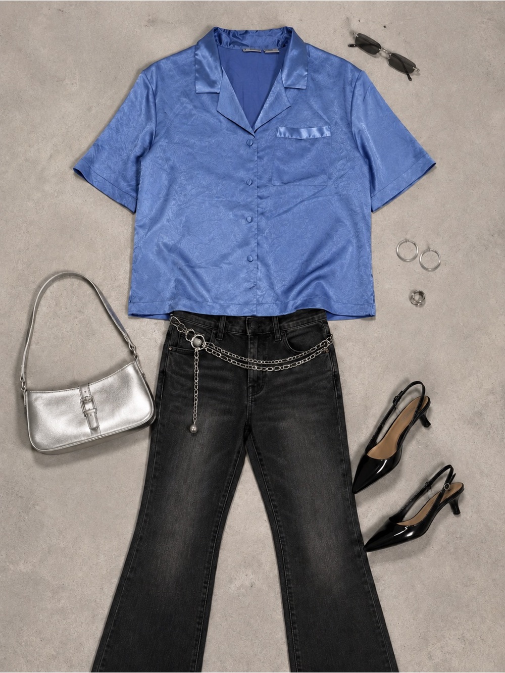 Vintage Delicates Blue Satin Button Up Shirt L Y2K Pajama Blouse